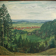 Blick auf Schörzingen vom Wochenberg aus Öl auf Pappe 44x44cm Hildegard Streifler